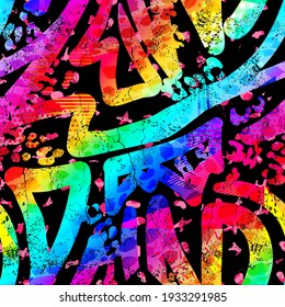 Abstract bright graffiti pattern. With bricks, paint drips, words in graffiti style. Graphic urban design for textiles, sportswear, prints.
