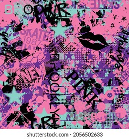 Abstract bright graffiti pattern. With bricks, paint drips, words in graffiti style. Graphic urban design for textiles, sportswear, prints.
