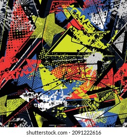 Abstract bright graffiti pattern. With bricks, paint drips, words in graffiti style. Graphic urban design for textiles, sportswear, prints.
