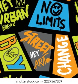 Abstract bright graffiti pattern. With bricks, paint drips, words in graffiti style. Graphic urban design for textiles, sportswear, prints.
