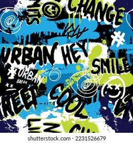 Abstract bright graffiti pattern. With bricks, paint drips, words in graffiti style. Graphic urban design for textiles, sportswear, prints.
