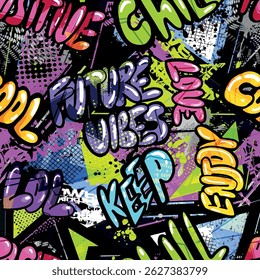 Abstract bright graffiti pattern. With bricks, paint drips, words in graffiti style. Graphic urban design for textiles, sportswear, prints.
