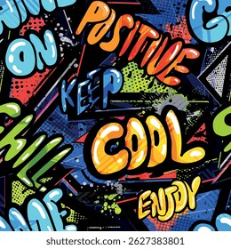 Abstract bright graffiti pattern. With bricks, paint drips, words in graffiti style. Graphic urban design for textiles, sportswear, prints.
