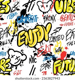 Abstract bright graffiti pattern. With slogan, bricks, paint drips, words in graffiti style. Graphic urban design for textiles, sportswear, prints.
