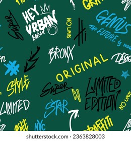 Abstract bright graffiti pattern. With slogan, bricks, paint drips, words in graffiti style. Graphic urban design for textiles, sportswear, prints.

