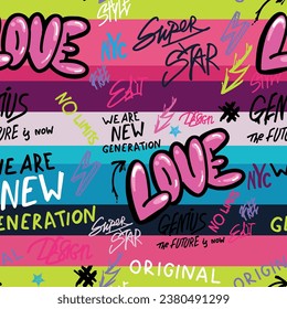 Abstract bright graffiti pattern. With slogan, bricks, paint drips, words in graffiti style. Graphic urban design for textiles, sportswear, prints.
