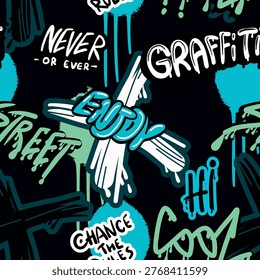 Abstract bright graffiti pattern. With slogan, bricks, paint drips, words in graffiti style. Graphic urban design for textiles, sportswear, prints.
