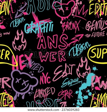 Abstract bright graffiti pattern. With slogan, bricks, paint drips, words in graffiti style. Graphic urban design for textiles, sportswear, prints.
