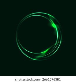 Abstract bright green glowing light swirl trail circle portal on dark background. Energy effect for motion design, user interface. Futuristic vector illustration