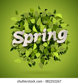 Abstract bright green leaves background with spring letters, vector illustration