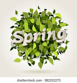 Abstract bright green leaves background with spring letters, vector illustration