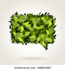Abstract bright green leaves background in bubble speech form, vector illustration