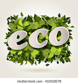 Abstract bright green leaves background with eco letters, vector illustration