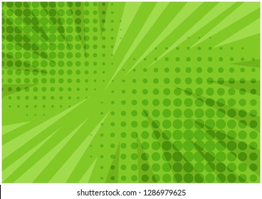 Abstract bright green striped retro comic background with halftone corners and scratches. Cartoon wallpaper with stripes and half tone pattern for comics book, advertising design, poster, print