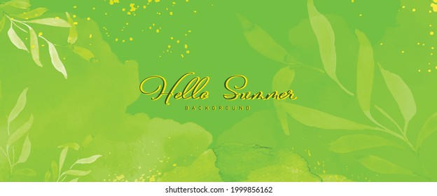 Abstract bright green texture and leaves watercolor background