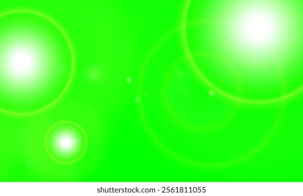 Abstract bright green-colored gradient image featuring luminous circular light effects and gleaming lens flares, creating a vibrant and dynamic visual aesthetic perfect for backgrounds