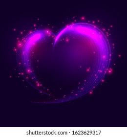 Abstract bright heart. Design element for Happy Valentine's Day. Purple heart made of lines, particles and flares. Ready for your design, greeting card, poster, banner. Vector illustration.