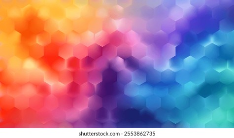Abstract bright hexagon background. Hexagon bg. Purple pink rainbow poster design. Geometric shape art decoration. Gradient tile texture. Mosaic pattern cover. Vector Illustration, EPS 10.