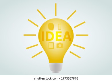 Abstract bright idea vector illustration in flat cartoon style. Bulb light, icons and text. Creativity, brainstorming, and innovation concept design for web site, banner, poster, presentation.