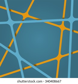 Abstract bright light blue and orange colors stripes cross on dark pale backdrop. Vivid layout 3d effect pattern thick lines. Simple modern template with grid tapes elements on different levels layers
