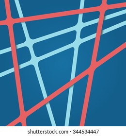 Abstract bright light blue and pale red colors stripes cross on dark backdrop. Vivid layout 3d effect pattern thick lines. Simple modern template with grid tapes elements on different levels layers.