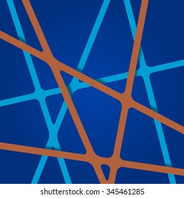 Abstract bright light blue and pale brown colors stripes cross on dark backdrop. Vivid layout 3d effect pattern thick lines. Simple modern template with grid tapes elements on different levels layers.