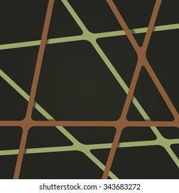 Abstract bright light green and brown colors stripes cross on dark backdrop. Vivid layout 3d effect pattern thick lines. Simple modern template with grid tapes elements on different levels layers.