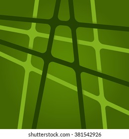 Abstract bright light green and pale colors stripes cross on dark backdrop. Vivid layout 3d effect pattern thick lines. Simple modern template with grid tapes elements on different levels layers.