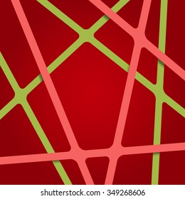 Abstract bright light green and pink colors stripes cross on dark red backdrop. Vivid layout 3d effect pattern thick lines. Simple modern template with grid tapes elements on different levels layers.