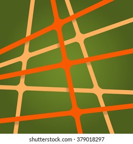 Abstract bright light orange and pale colors stripes cross on dark green backdrop. Vivid layout 3d effect pattern thick lines Simple modern template with grid tapes elements on different levels layers
