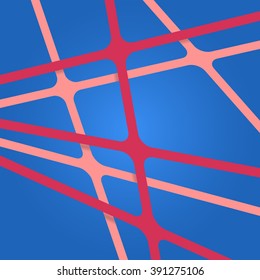 Abstract bright light pink and burgundy colors stripes cross on dark blue backdrop. Vivid layout 3d effect pattern thick lines. Modern template with grid tapes elements on different levels layers.