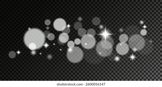 Abstract bright lights with blurry glares bokeh isolated on dark transparent background. White twinkle effect. Vector illustration. EPS 10.