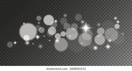 Abstract bright lights with blurry glares bokeh isolated on dark transparent background. White twinkle effect. Vector illustration. EPS 10.