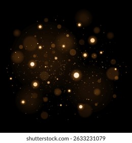 Abstract bright lights bokeh with flying magical flickering particles on black background. Christmas twinkle effect. Vector illustration