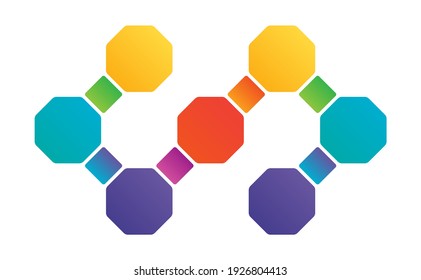 Resumen del logotipo brillante de octagones y cuadrados. Logotipo vectorial, elemento de diseño o icono con gradientes. Estructura, cadena de elementos.