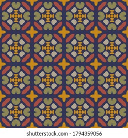 Abstract bright modern geometric seamless pattern. Autumn geo stains background. Random tile infinity backdrop. Vector illustration.  