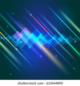 Abstract bright motion background with blurred light rays and lens flare. Dynamic digital, technology backdrop for breaking news or cover. Vector illustration.