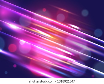 Abstract bright motion background with shiny diagonal stripes and bokeh effect.