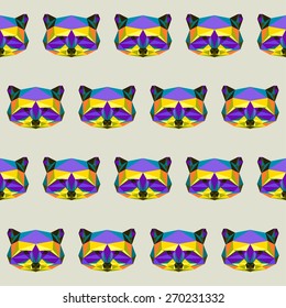 Abstract bright motley colored polygonal triangle geometric raccoon seamless pattern background for use in design