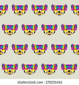 Abstract bright motley colored polygonal triangle geometric koala seamless pattern background for use in design