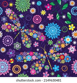 Abstract bright multicolor seamless pattern with stylized dragonflies and flowers on a purple background. Vector imageeps 10