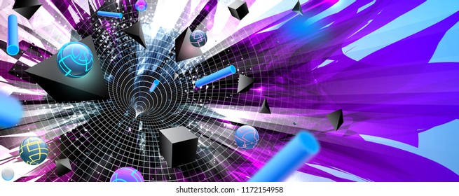 Abstract bright multicolored explosion on purple waves background. Including geometric 3d shapes and funnel. Used clipping mask.  