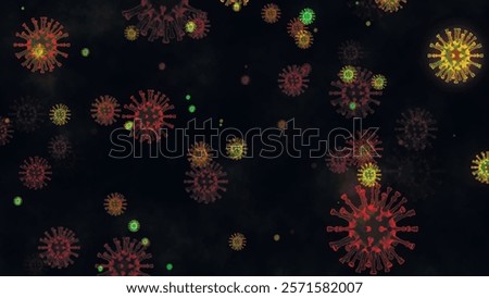 Abstract bright multicolored virus cells floating on dark background. CoV virus, infectious bacteria, cells vector medical illustration. Pandemic flu identification.