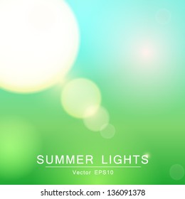 Abstract bright natural background with blurred defocused summer lights. Vector illustration.