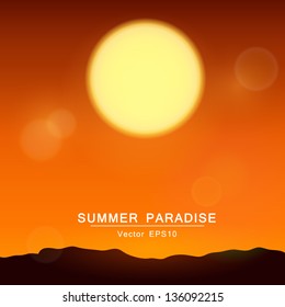 Abstract bright natural background with blurred defocused summer sunset lights in the evening sky. Vector illustration.