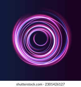 Abstract Bright Neon Loop with Transparency. Glowing spiral cover. Black elegant. Fire light circles trails of sparkling glitter.