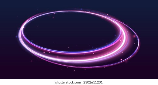 Abstract Bright Neon Loop with Transparency. Glowing spiral cover. Black elegant. Fire light circles trails of sparkling glitter.