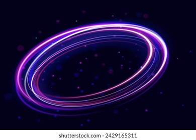 Abstract Bright Neon Loop with Transparency. Glowing spiral cover. Black elegant. Fire light circles trails of sparkling glitter.