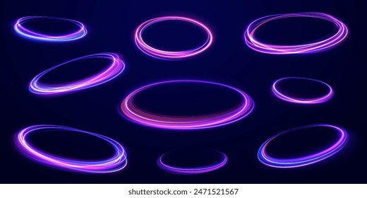Abstract bright neon loop with transparency. Glowing spiral cover.Neon light circle of speed in the form of a round whirlpool.	