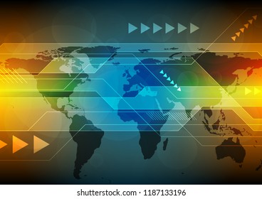 Abstract bright orange and blue technology background with world map. Vector design illustration